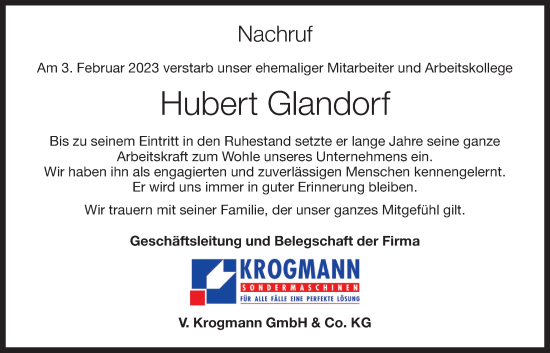 Anzeige von Hubert Glandorf von OM-Medien