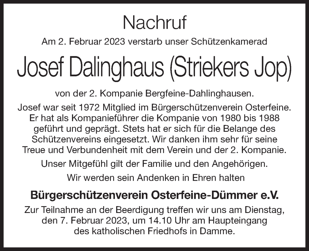  Traueranzeige für Josef Dalinghaus vom 06.02.2023 aus OM-Medien