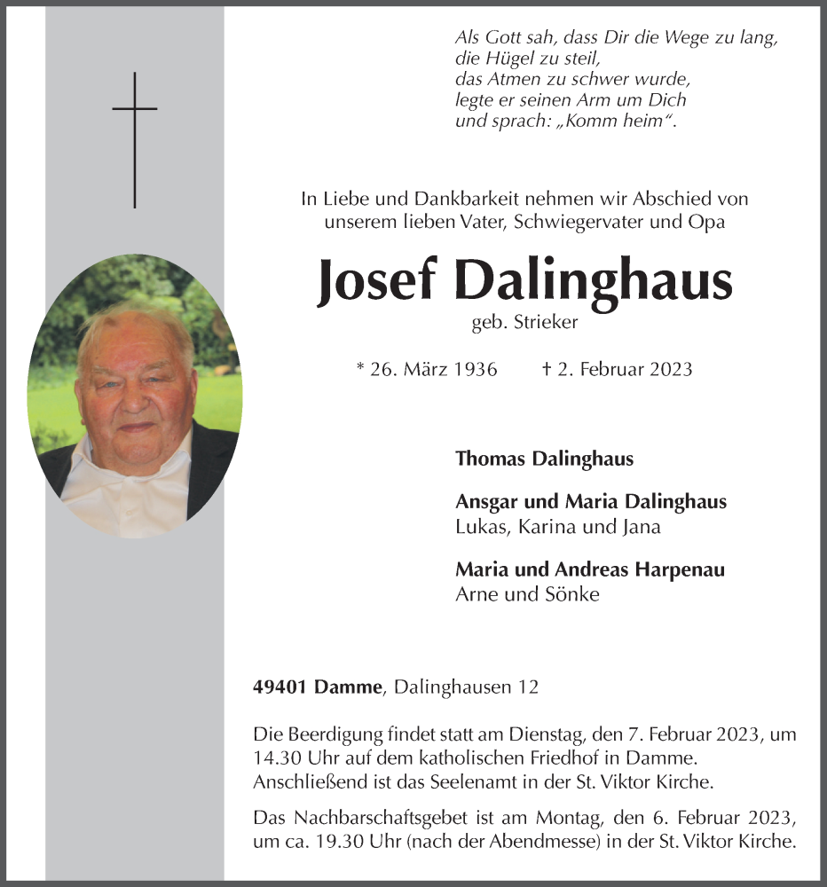  Traueranzeige für Josef Dalinghaus vom 04.02.2023 aus OM-Medien