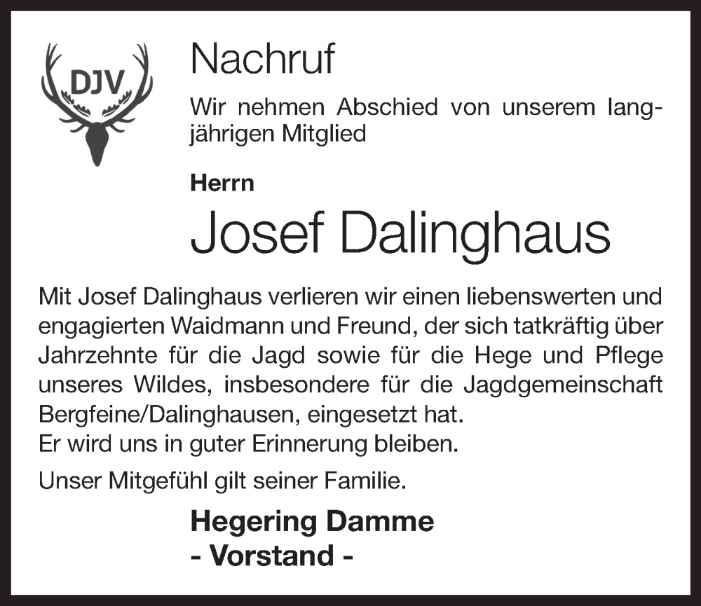  Traueranzeige für Josef Dalinghaus vom 06.02.2023 aus OM-Medien