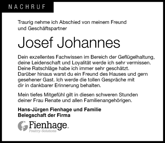 Anzeige von Josef Johannes von OM-Medien
