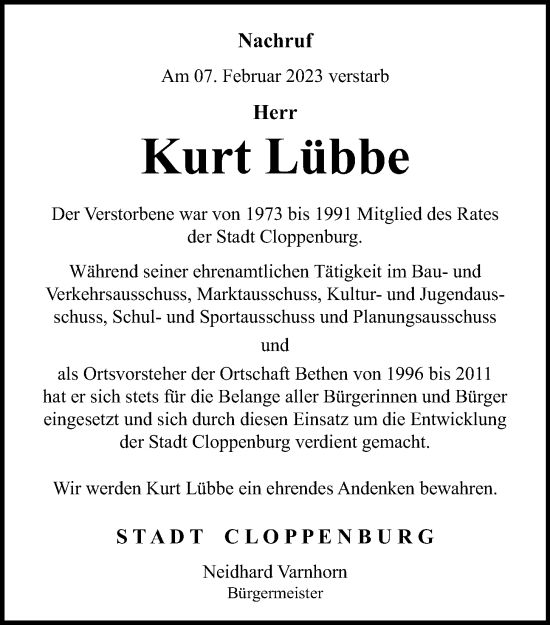 Anzeige von Kurt Lübbe von OM-Medien