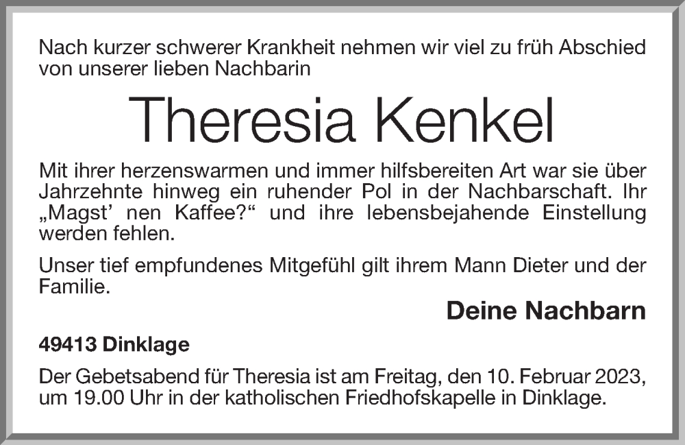  Traueranzeige für Theresia Kenkel vom 06.02.2023 aus OM-Medien