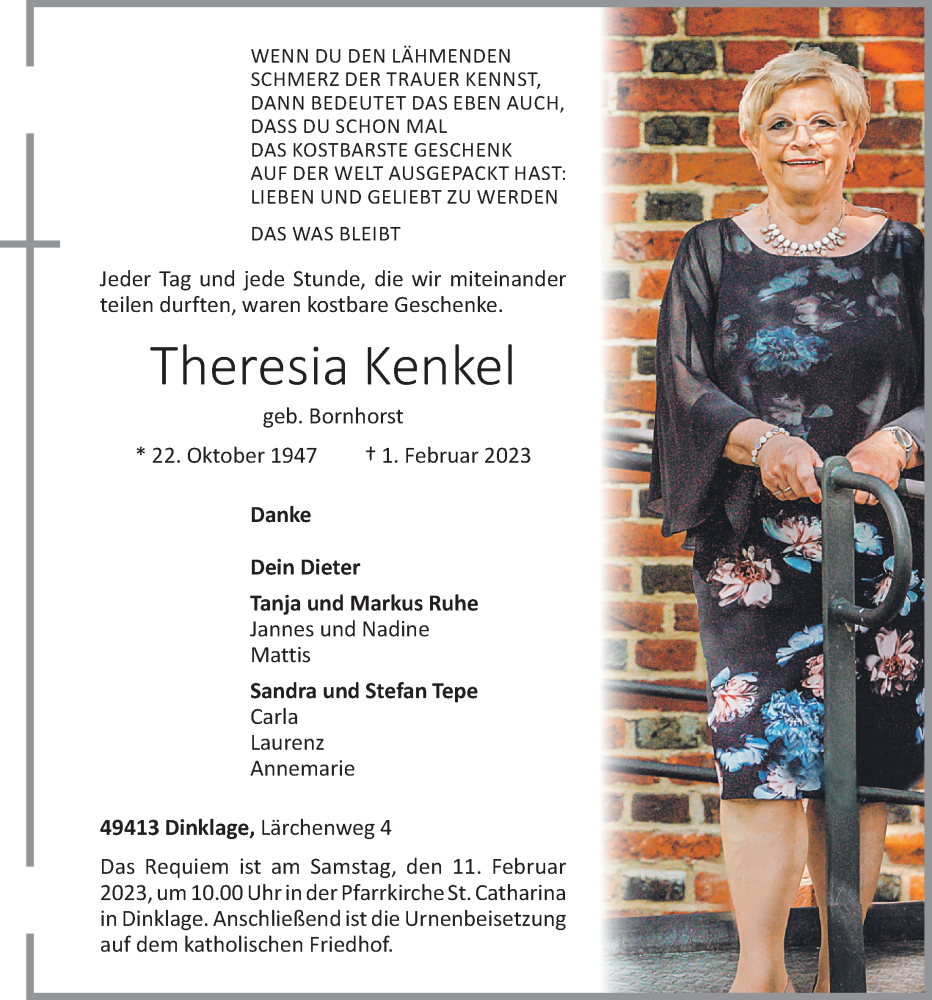  Traueranzeige für Theresia Kenkel vom 04.02.2023 aus OM-Medien