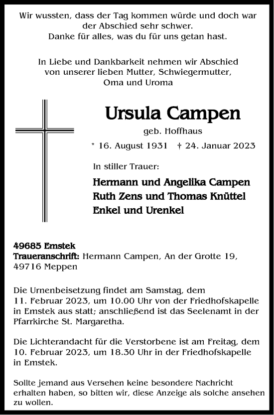 Anzeige von Ursula Campen von OM-Medien