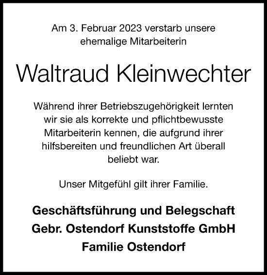 Anzeige von Waltraud Kleinwechter von OM-Medien