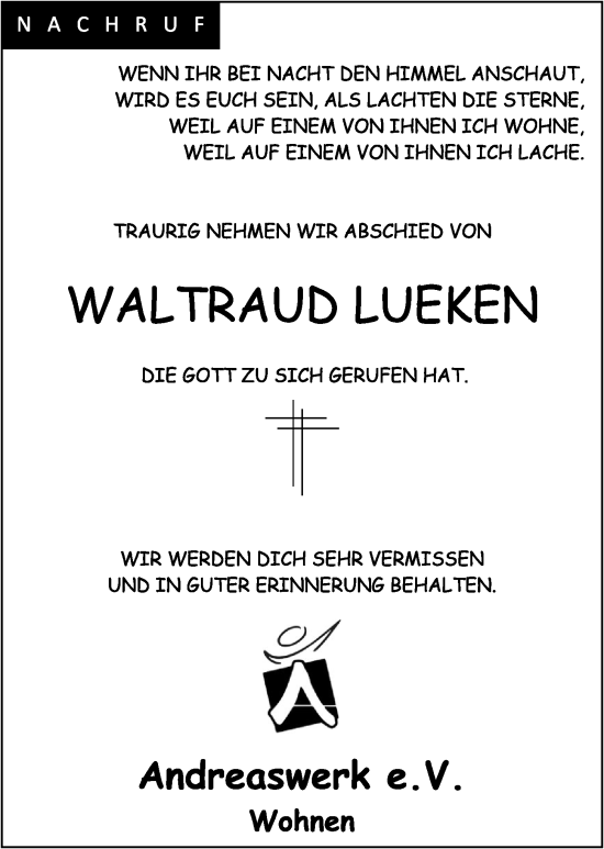 Anzeige von Waltraud Lueken von OM-Medien
