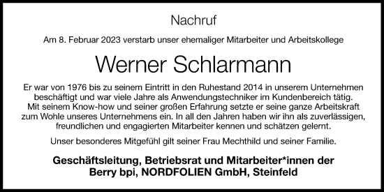 Anzeige von Werner Schlarmann von OM-Medien