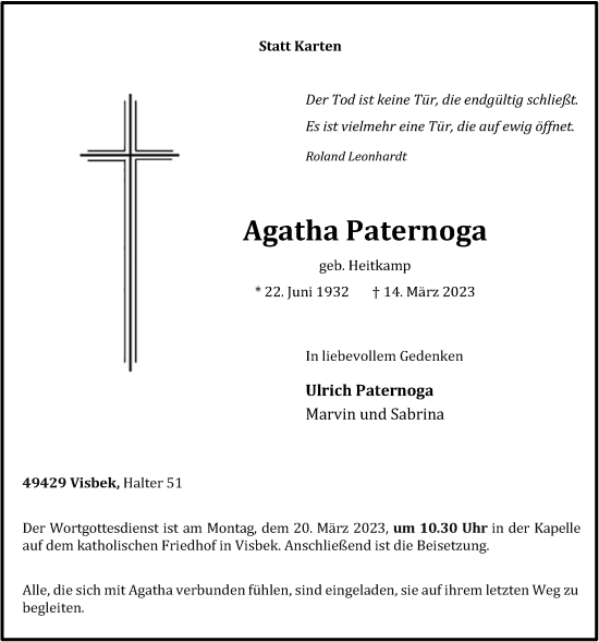 Anzeige von Agatha Paternoga von OM-Medien