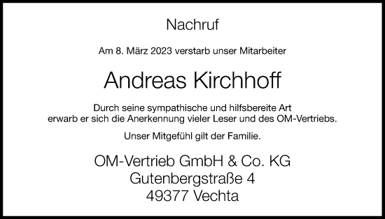 Anzeige von Andreas Kirchhoff von OM-Medien