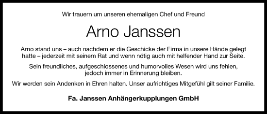 Anzeige von Arno Janssen von OM-Medien