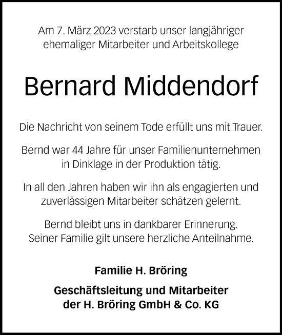 Anzeige von Bernard Middendorf von OM-Medien
