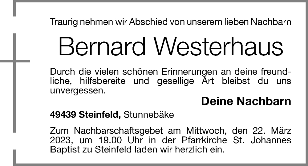  Traueranzeige für Bernard Westerhaus vom 21.03.2023 aus OM-Medien