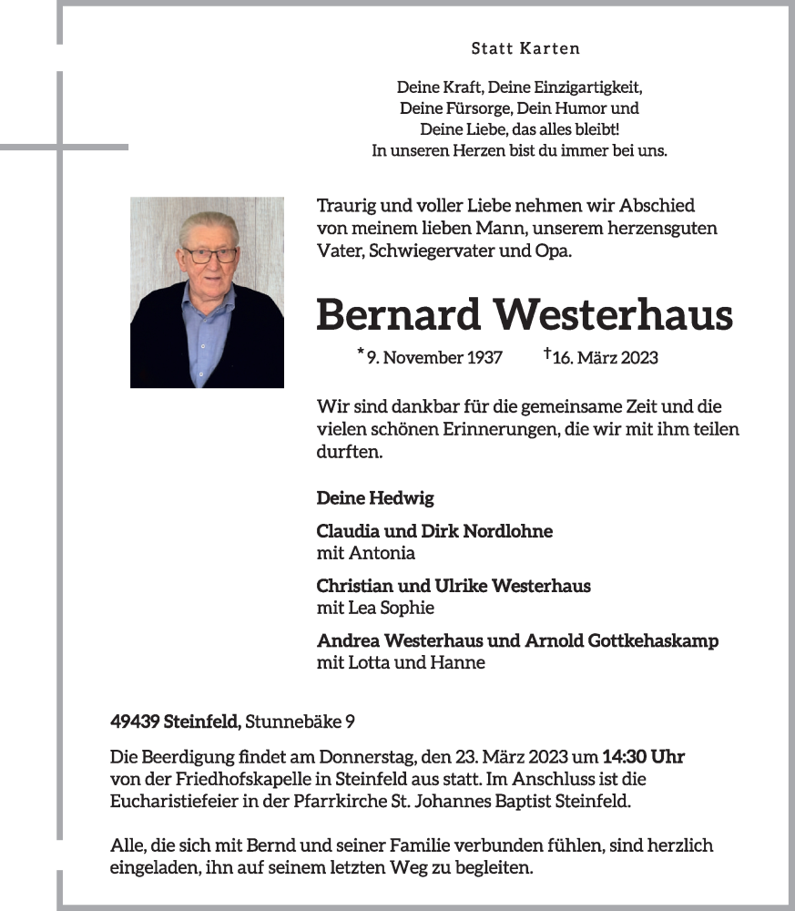  Traueranzeige für Bernard Westerhaus vom 18.03.2023 aus OM-Medien