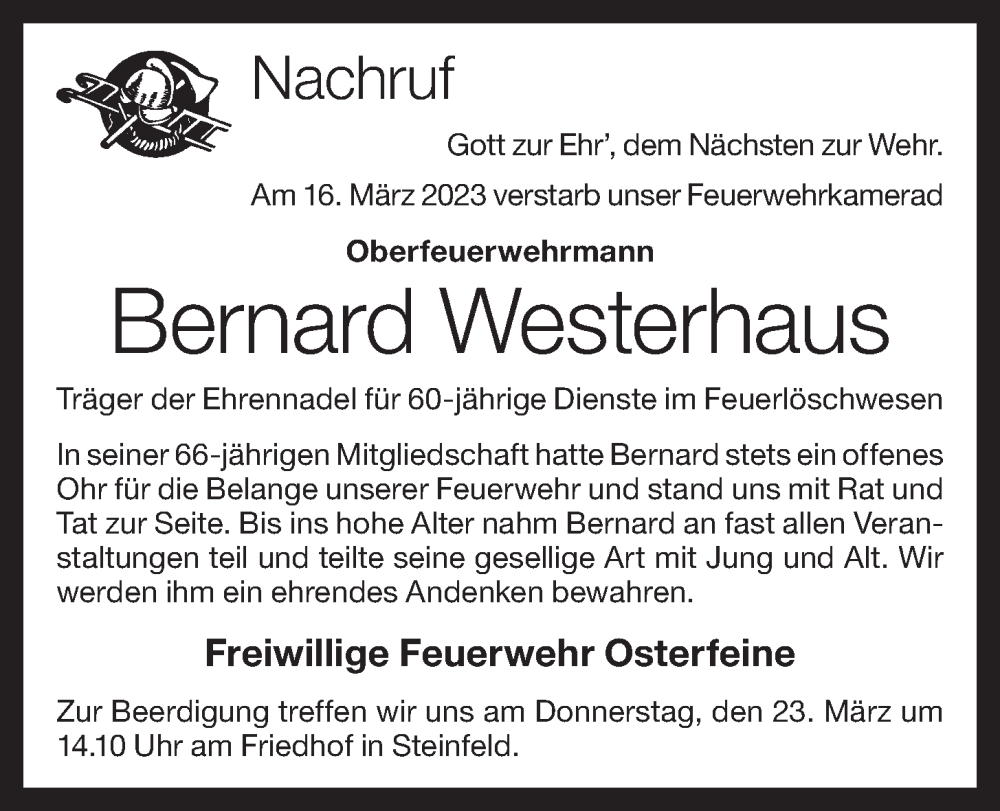  Traueranzeige für Bernard Westerhaus vom 20.03.2023 aus OM-Medien