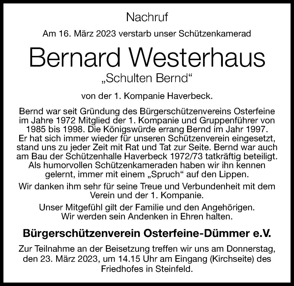  Traueranzeige für Bernard Westerhaus vom 22.03.2023 aus OM-Medien