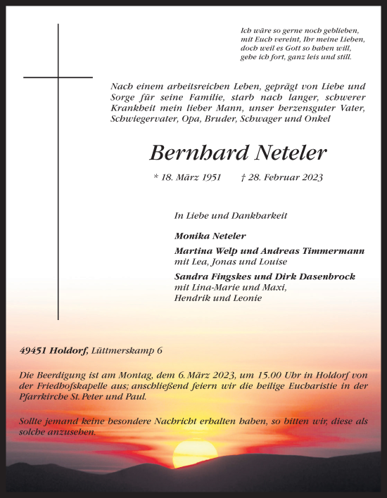 Anzeige von Bernhard Neteler von OM-Medien