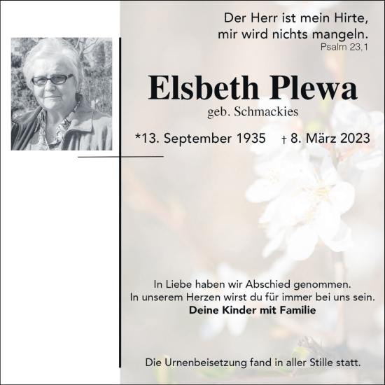 Anzeige von Elsbeth Plewa von OM-Medien