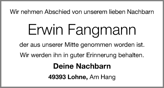 Anzeige von Erwin Fangmann von OM-Medien