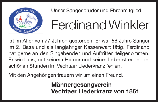 Anzeige von Ferdinand Winkler von OM-Medien