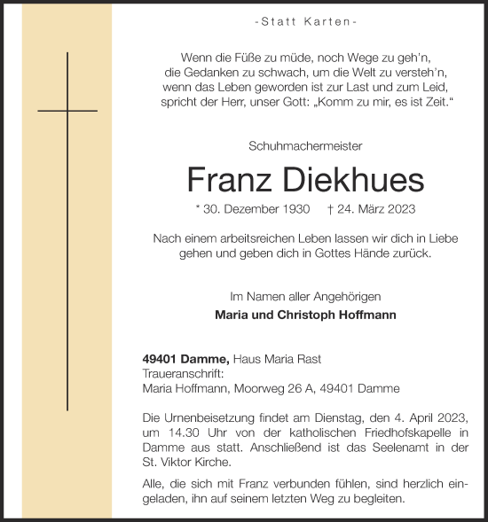 Anzeige von Franz Diekhues von OM-Medien