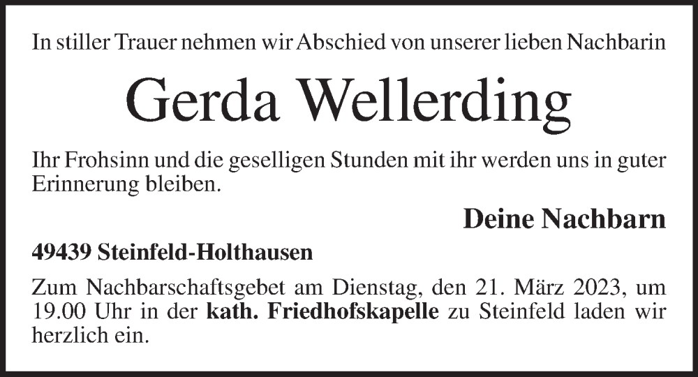  Traueranzeige für Gerda Wellerding vom 20.03.2023 aus OM-Medien