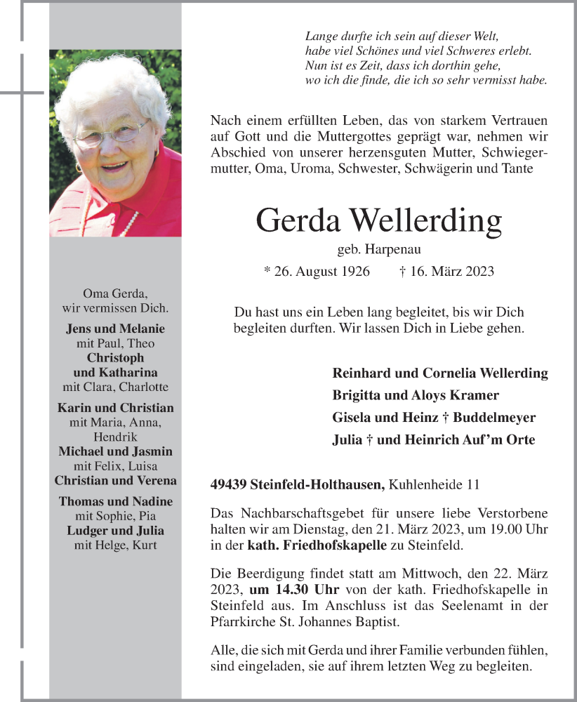  Traueranzeige für Gerda Wellerding vom 18.03.2023 aus OM-Medien