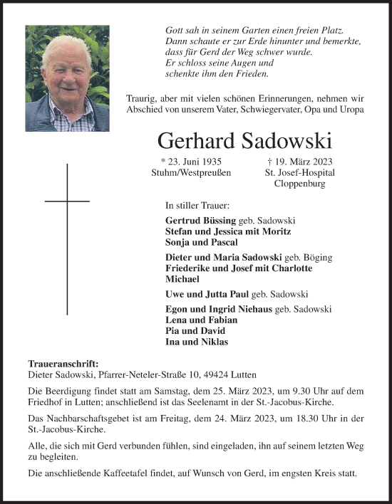 Anzeige von Gerhard Sadowski von OM-Medien