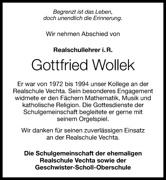 Anzeige von Gottfried Wollek von OM-Medien