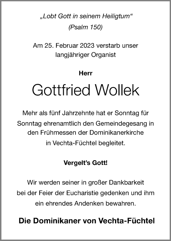 Anzeige von Gottfried Wollek von OM-Medien