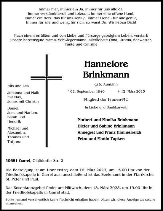 Anzeige von Hannelore Brinkmann von OM-Medien