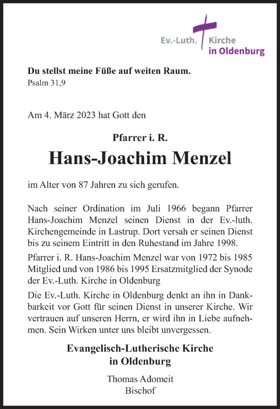 Anzeige von Hans-Joachim Menzel von OM-Medien