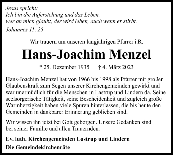 Anzeige von Hans-Joachim Menzel von OM-Medien