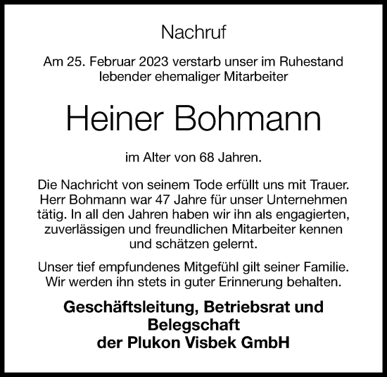 Anzeige von Heiner Bohmann von OM-Medien
