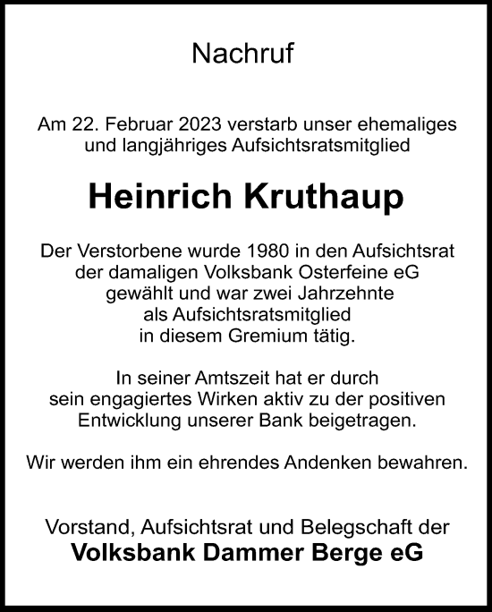 Anzeige von Heinrich Kruthaup von OM-Medien