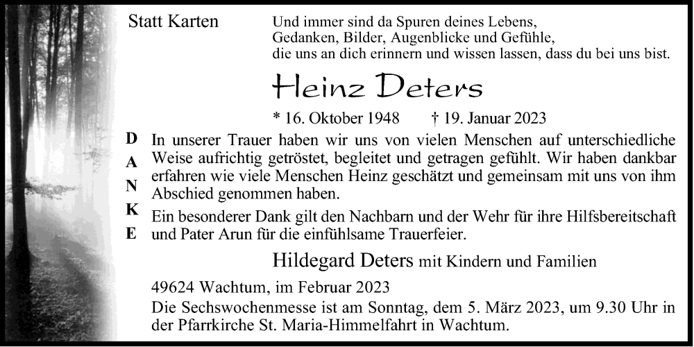  Traueranzeige für Heinz Deters vom 28.02.2023 aus OM-Medien