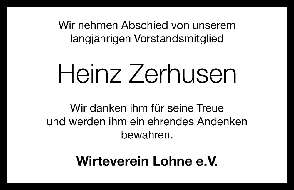  Traueranzeige für Heinz Zerhusen vom 21.03.2023 aus OM-Medien