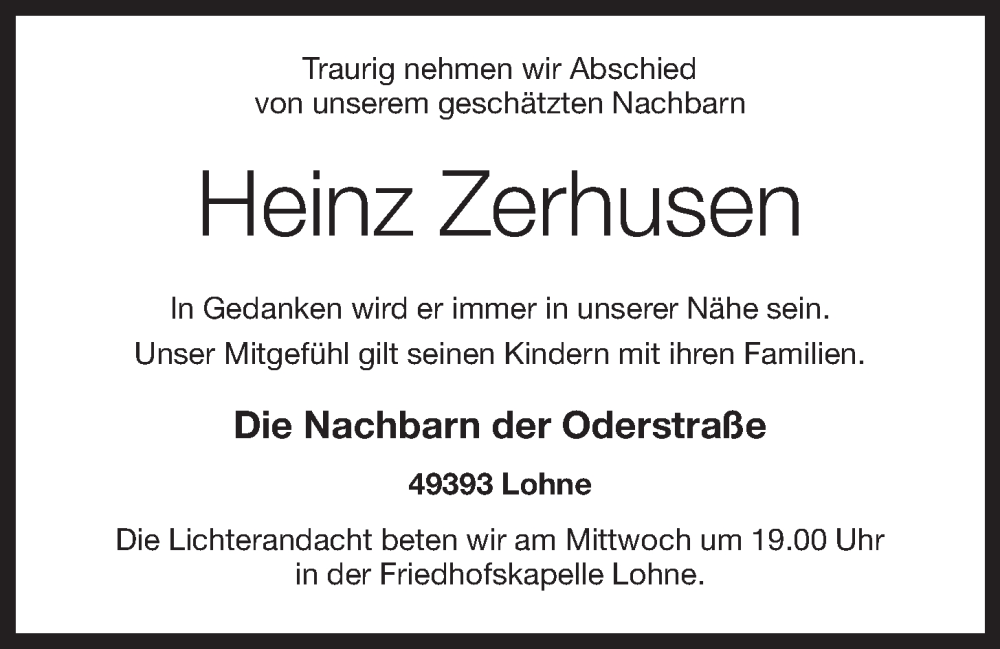  Traueranzeige für Heinz Zerhusen vom 20.03.2023 aus OM-Medien