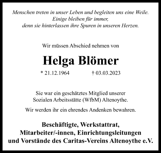 Anzeige von Helga Blömer von OM-Medien