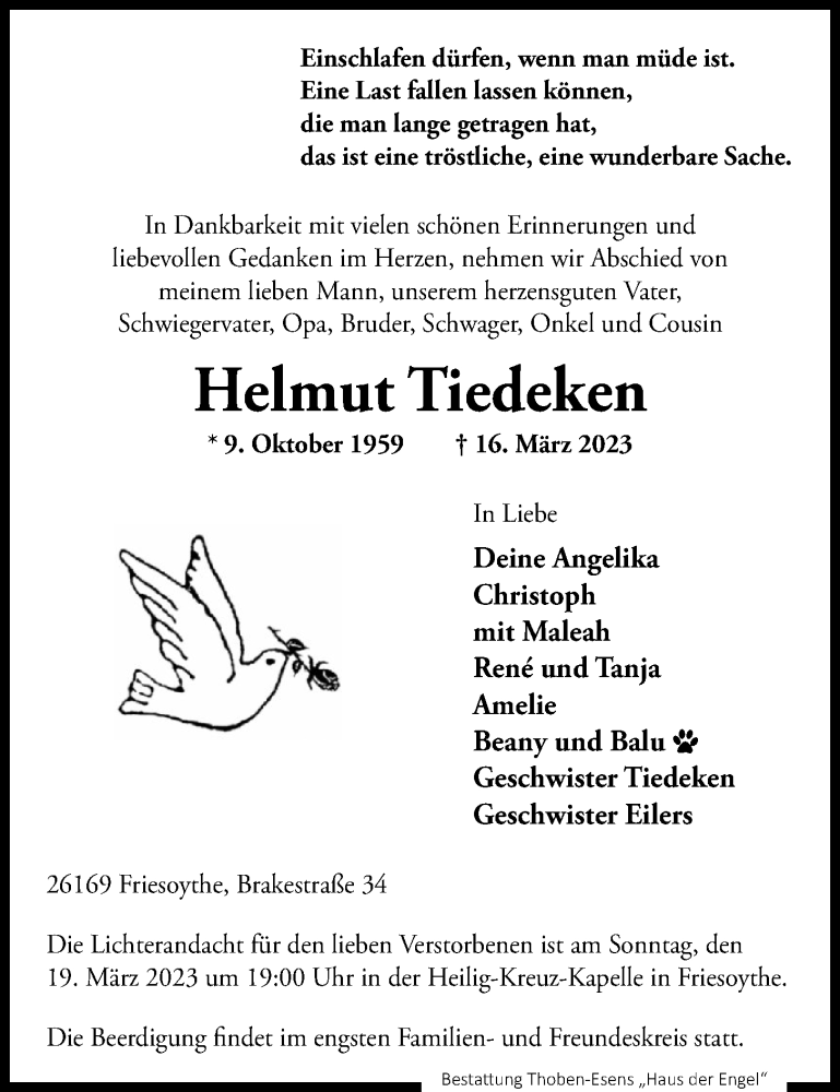  Traueranzeige für Helmut Tiedeken vom 18.03.2023 aus OM-Medien