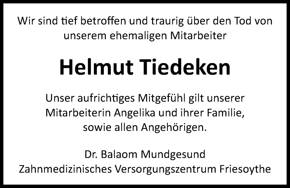  Traueranzeige für Helmut Tiedeken vom 21.03.2023 aus OM-Medien