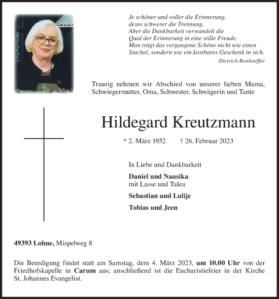 Anzeige von Hildegard Kreutzmann von OM-Medien