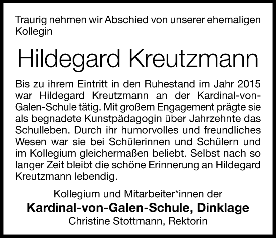 Anzeige von Hildegard Kreutzmann von OM-Medien