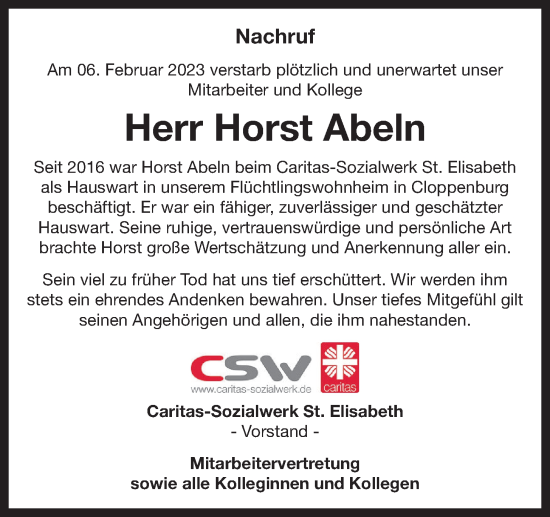 Anzeige von Horst Abeln von OM-Medien