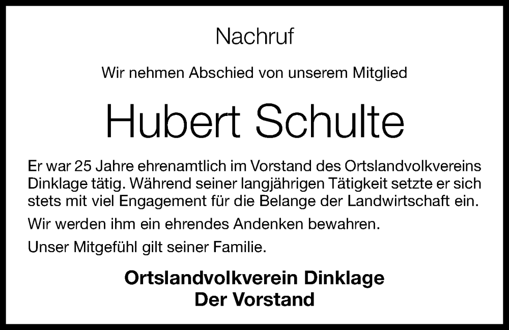  Traueranzeige für Hubert Schulte vom 22.03.2023 aus OM-Medien