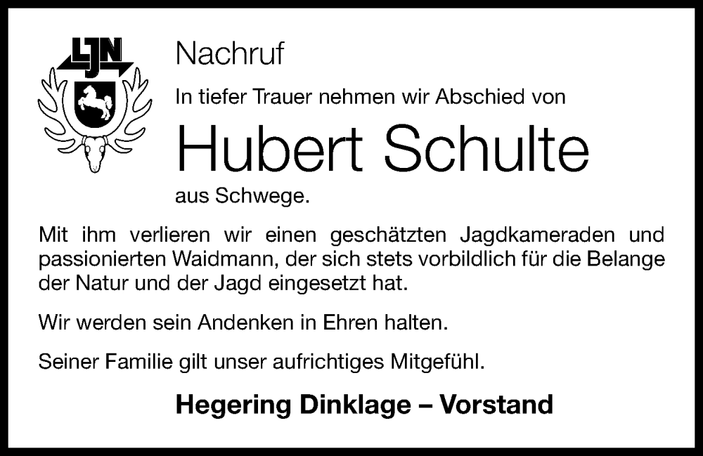  Traueranzeige für Hubert Schulte vom 23.03.2023 aus OM-Medien