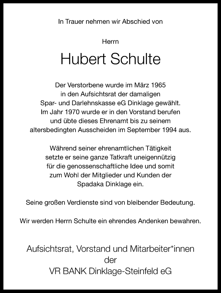 Traueranzeige für Hubert Schulte vom 22.03.2023 aus OM-Medien