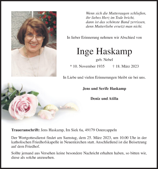 Anzeige von Inge Haskamp von OM-Medien