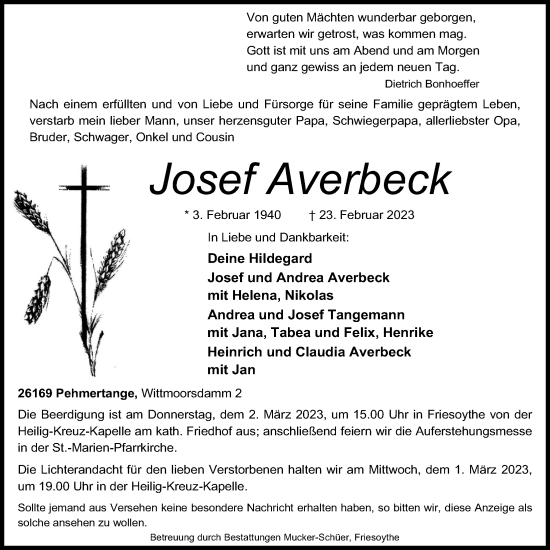 Anzeige von Josef Averbeck von OM-Medien