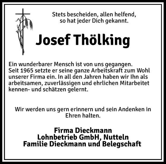 Anzeige von Josef Thölking von OM-Medien